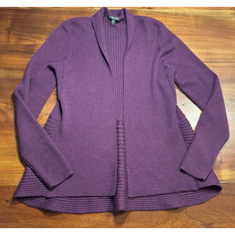 Eileen Fisher Petites Purple Merino Wool open front ribbed cardigan Sz PS